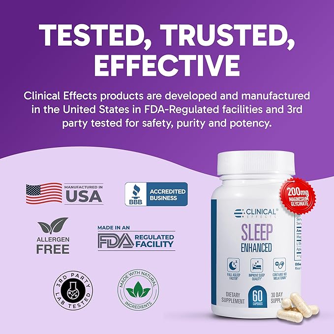 Clinical Effects Sleep Enhanced - Magnesium Supplement - 60 Capsules - Magnesium Glycinate L-Theanine and Apigenin - for Relaxation and Natural Calm - No Melatonin Sleep Support - USA Made