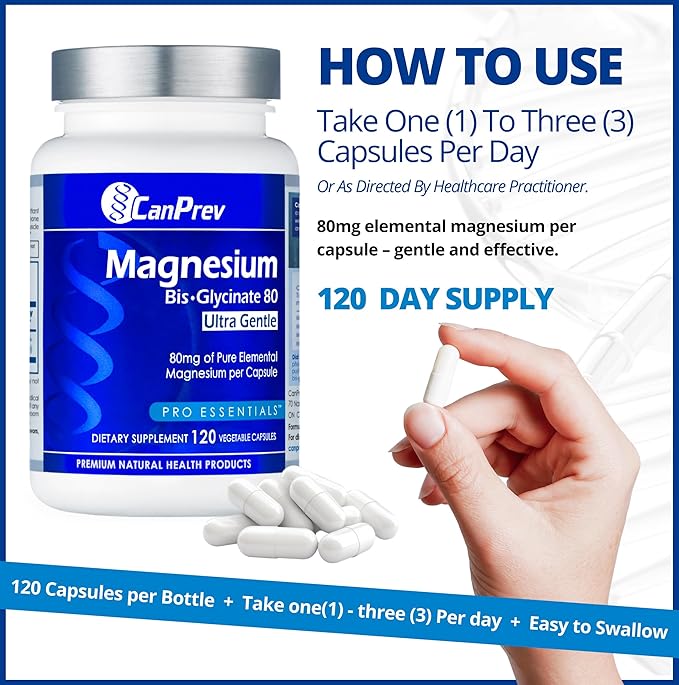 CanPrev Magnesium Biglycinate Chelated 80mg Ultra Gentle 120 V-Caps 120-Day Supply - Support Muscle Function Bone Strength &amp Relaxation Pure Magnesium Bisglycinate Formula Promote Comfort &amp