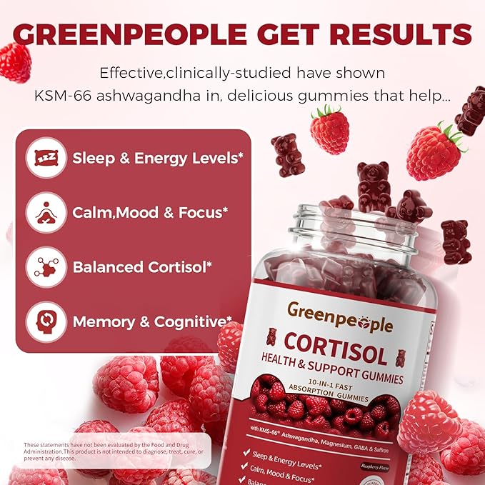GREENPEOPLE Cortisol Supplements for Women &amp Men - Cortisol Reducer Detox Manager w/KSM-66 Ashwagandha/Magnesium/L-theanine/GABA/Vitamin B6 for Mood/Sleep/Stress Relief 90 CT Raspberry Flavor Gumm