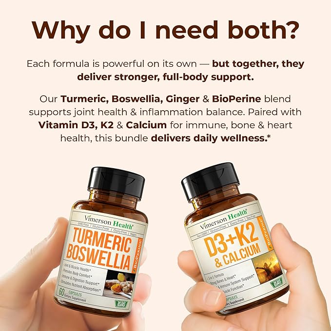 Boswellia Turmeric Curcumin Supplement + Vitamin D3 K2 5000 IU Bundle – Supports Joint Health &amp Immune Bone Heart Health – with Ginger Root Organic Turmeric Powder Vitamin D K2 Calcium