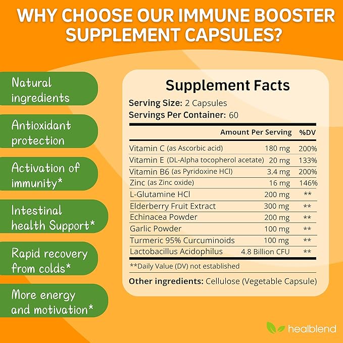 healblend 10 in 1 Immune Support Supplement Booster with Elderberry Zinc Echinacea Turmeric Lactobacillus Acidophilus for Adults (2 Pack)