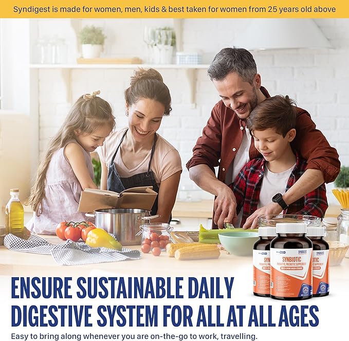 Syndigest probiotic daily care for women &amp men with dual benefit of 5 probiotic &amp prebiotic strains balance gut health &amp relieves constipation travel friendly 60 capsules (2 billions CF