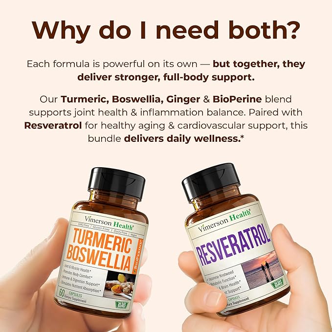 Boswellia Turmeric Curcumin Supplement + Resveratrol Japanese Knotweed Capsules Bundle – for Healthy Aging Joint &amp Cardiovascular Support – with Ginger Root Organic Tumeric Powder Green Tea Ext