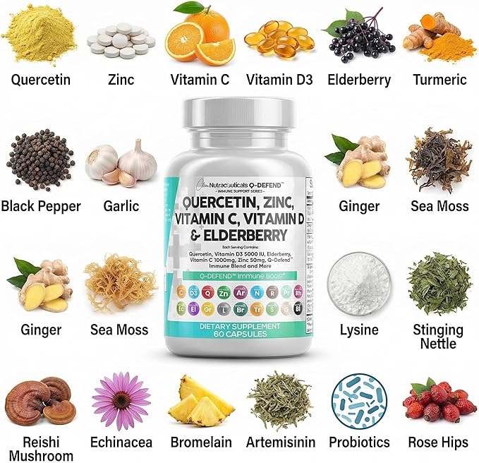 Q Defend Quercetin Supplement with Zinc Vitamin C Vitamin D Elderberry Turmeric Black Pepper Garlic Ginger Sea Moss Lysine Stinging Nettle Reishi Mushroom Immune Support 60 Capsules by Clean Nutra