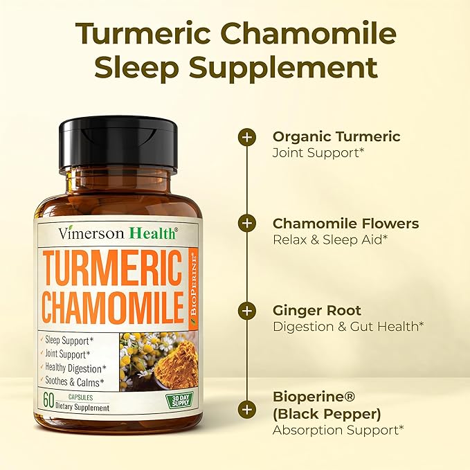 Turmeric Supplement &amp Chamomile Capsules for Sleep - Organic Turmeric Sleep Supplement with Chamomile Flowers Extract (Manzanilla) - Relaxation &amp Stress Support - Joint &amp Digestive Health.