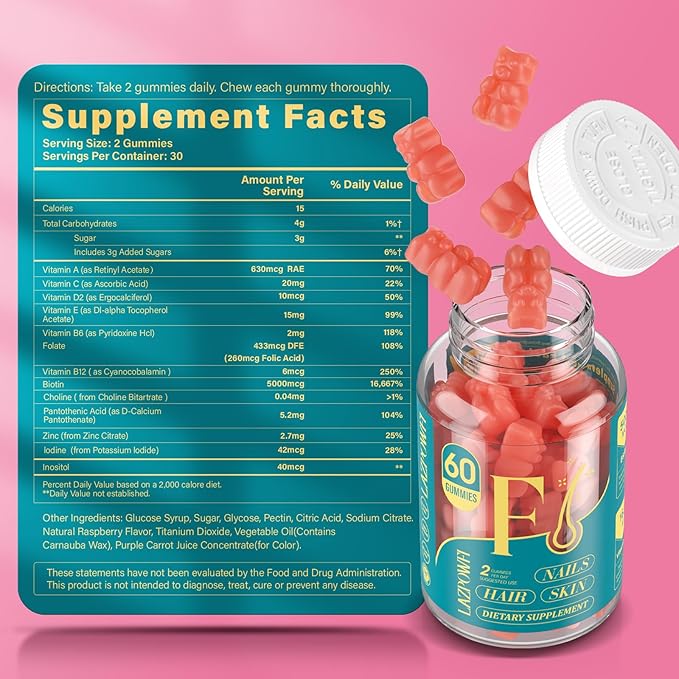 Biotin Gummies -Hair Skin and Nails Vitamins for Men &amp Women Vegan Vitamin B7 Supports Hair Growth and Stronger Nails90 Day Supply-Strawberry-180 Counts