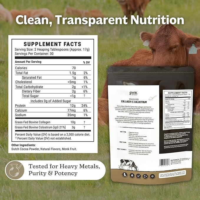 MK Supplements Grass-Fed Collagen &amp Colostrum Powder | 10g Collagen + 3g Colostrum (IgG 21%) Per Serving | Chocolate Flavor + Monk Fruit | Gut Skin &amp Joint Support | 30 Servings