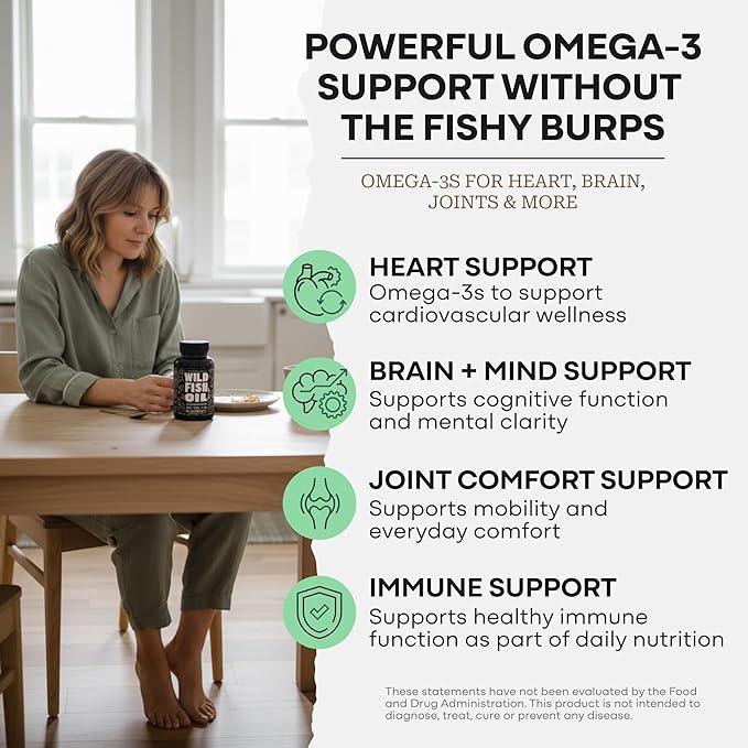 Wild Foods Fish Oil Omega 3 Supplements | 1600 mg | Highly-Potent: DPA DHA EPA | Burpless Odorless Non-GMO Gluten Free | For Brain &amp Heart Health Joint Support | 60 Capsules (1 pk) | 30 Serv