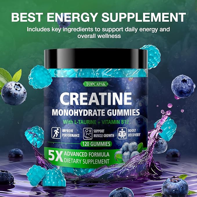 Creatine Gummies for Men &amp Women - Chewable Creatine Monohydrate Gummies with Taurine &amp Vitamin B12 5g Creatine per Serving Blueberry Flavor Raspberry-Shaped - 120 Count