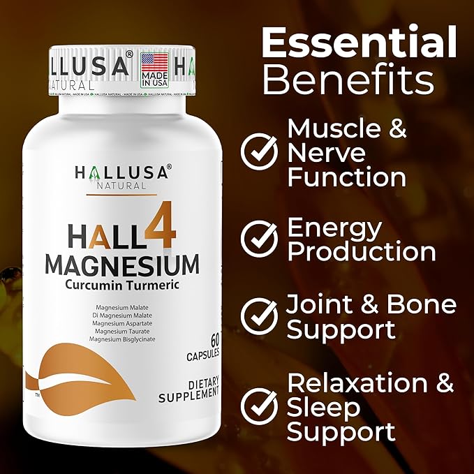 Magnesium 4 Complex + Curcumin Turmeric 60 Capsules Bisglycinate Malate Aspartate &amp Taurate Magnesium Complex Supplement for Energy Muscle Nerve Joint &amp Relaxation Support
