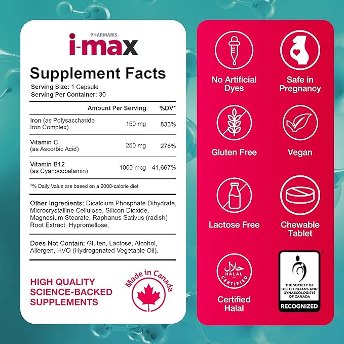 i-max Maintenance Iron Supplement 45mg Elemental Iron-Polyschaccaride Complex + Vitamin C &amp B12 Iron Supplement for Women &amp Men No Artificial Dyes Orange Flavor 100 Chewable Tablets