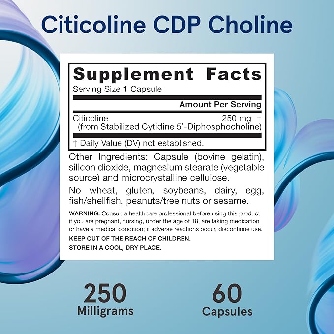Jarrow Formulas Citicoline CDP 250 MG CDP Choline Supplements Support Brain Health Performance and Memory 60 Capsules Up to a 60 Day Supply