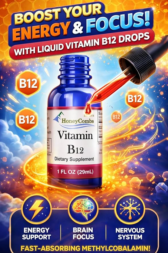 HoneyCombs Vitamin B12 Liquid Drops – B12 Vitamin Supplement for Energy Metabolism Brain Focus &amp Nerve Support – B12 Liquid Drops for Adults and Children Vitamina B12 Sublingual Made in the USA