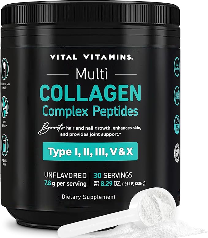 Vital Vitamins Multi Collagen Peptides Powder - Unflavored Easy to Dissolve - Type I II III V X - for Women &amp Men - Promotes Hair Skin Nails &amp Joint Health - 30 Servings