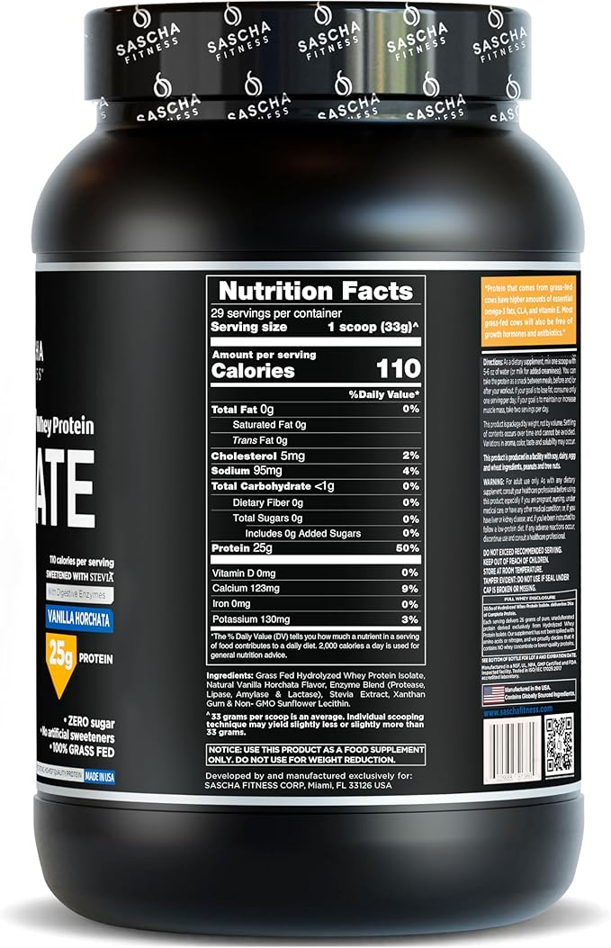 SASCHA FITNESS Hydrolyzed Whey Protein Isolate100% Grass-Fed (2 Pounds All) (Vanilla Horchata)