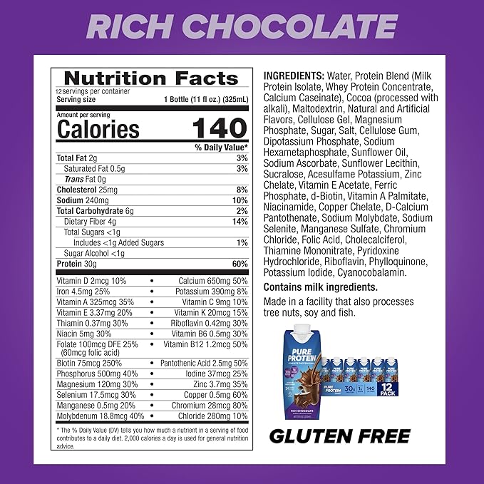 Ensure Max Protein Chocolate Nutrition Shake 30g Protein 12 Pack and Pure Protein Chocolate Protein Shake 30g Protein Keto-Friendly Immune Support 11oz Bottles 12 Pack
