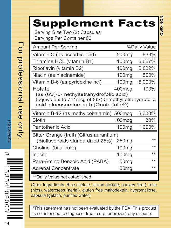 Priority One Vitamins Stress B &amp C 120 Capsules - B Complex with Whole Gland Adrenal to Support Healthy Nerves Skin Eyes gastrointestinal and Brain Functions.*