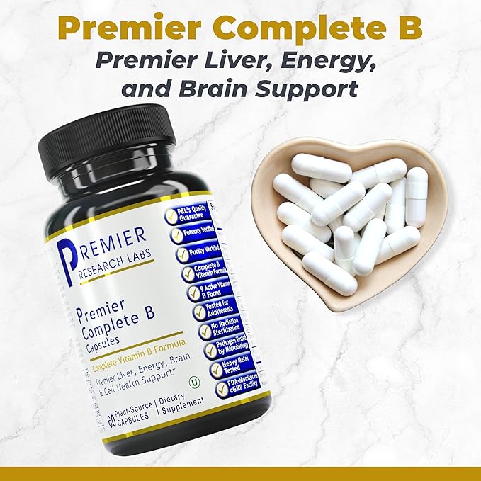 Premier Research Labs Complete B - Vitamin B Complex Supplement for Optimal Health | Vitamin B Supplement with Biotin | 9 Active B Vitamins | for Liver Energy &amp Brain Support - 60 Capsules