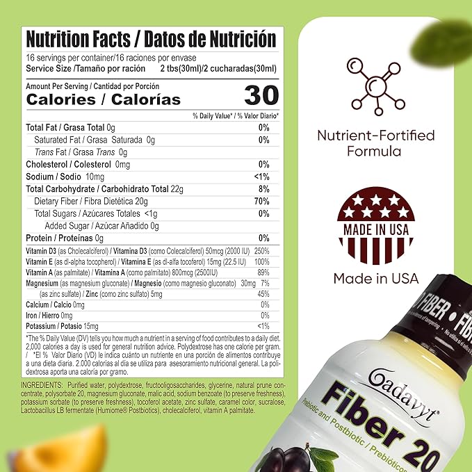 Fiber 20 - High Fiber Supplement for Women &amp Men 20g Liquid Soluble Fiber/Serving Prebiotic &amp Postbiotic Complex + Vitamins A D3 E &amp Magnesium Gut Health Digestive Health 16 fl oz