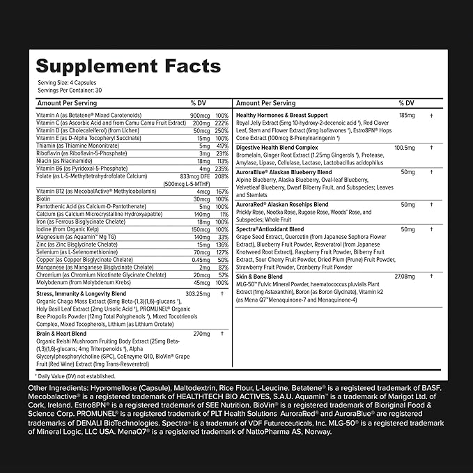 Whole Food Natural Four-a-Day Multivitamin and Mineral Capsules for Women – All-Day Energy Inner Zen and Stronger You (120 Capsules)