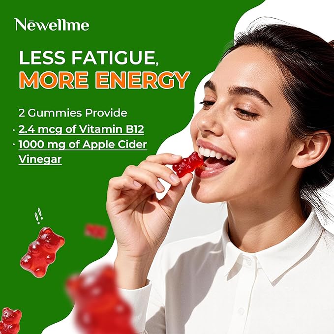 NEWELLME ACV Gummies with the Mother &amp B12 – Sugar-Free Great-Tasting Vegan Gummies for Digestion Metabolism &amp Daily Energy Support 180 Count