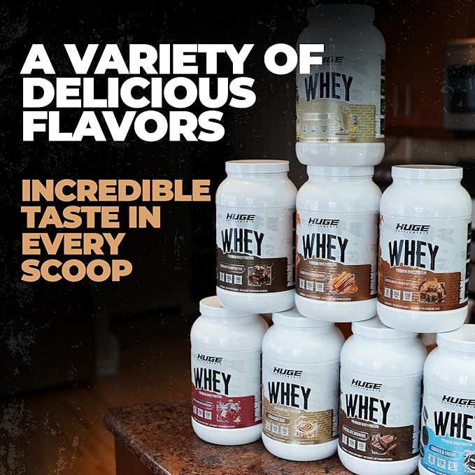 Huge Whey Protein Powder for Muscle Gain 25g Protein 12g EAAs Supports Muscle Growth Performance &amp Recovery (Cinnamon Bun 30 Servings)