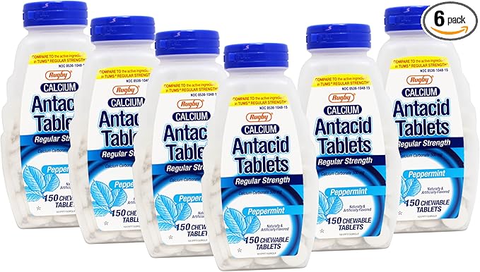 Rugby Calcium Carbonate 500mg Antacid Tablets Peppermint Regular Strengh 150 Chewable Tablets - 6 Pack