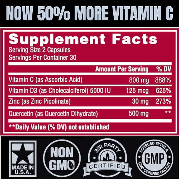 (2 Pack) Zinc Quercetin Vitamin C 800 mg with Vitamin D3 Antioxidant Immune Support High Potency Quercetin Zinc Supplement for Men and Women - Gluten Soy &amp Dairy Free - 120 Count (Twin Pack)