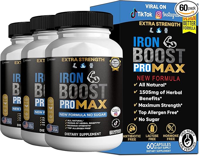 Iron Boost Pro Max Extra Strength Dietary Supplement Organic Maca Root Blend 60 Capsules 30-Day Supply (3)