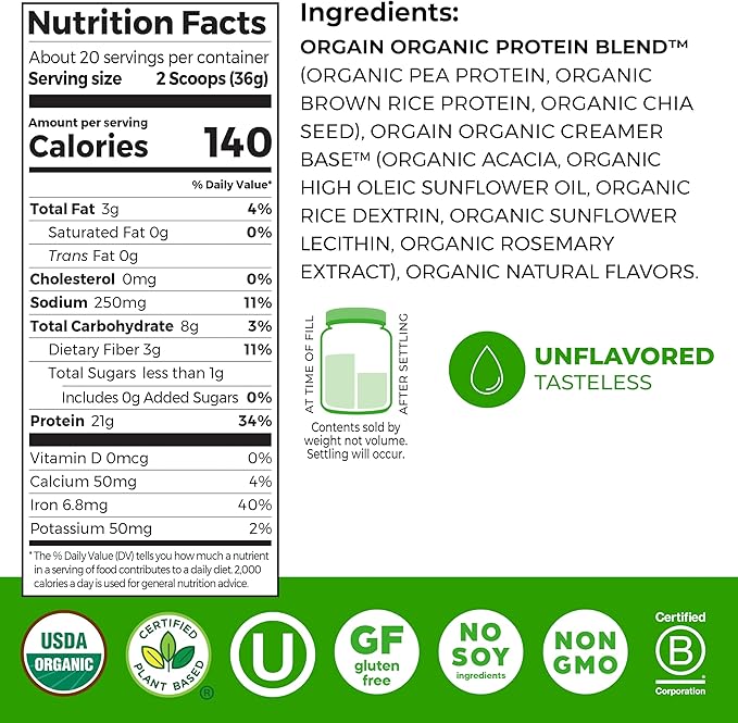 Orgain Organic Vegan Protein Powder Natural Unsweetened - 21g of Unflavored Plant Protein 4g Prebiotic Fiber Low Net Carbs No Added Sugar Non-GMO For Shakes &amp Recipes 1.59 lb