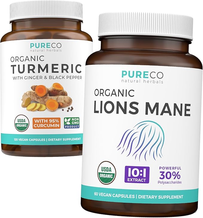 Turmeric &amp Lions Mane (1-Month Supply) Mindful Turmeric Bundle of Organic Turmeric Curcumin with Black Pepper &amp Ginger (120 Caps) &amp Organic Lions Mane Mushroom 10:1 Extract (60 Caps)