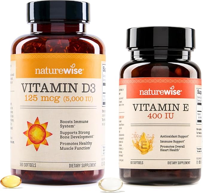 NatureWise Vitamin D3 5000IU (125mg) 360 Count + Vitamin E 400 IU (180mg DL-Alpha) 60 Count - Bundle for Immune Energy Heart Health Support - Soy Dairy Gluten Free Non-GMO Halal Gelatin