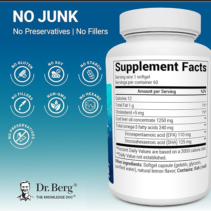Dr. Berg Omega-3 Cod Liver Fish Oil 60 Softgels – Wild-Caught Icelandic Cod – Omega 3 EPA &amp DHA – Heart Brain Immune &amp Eye Support* – Lemon Flavor – 4X Lab-Tested – Non-GMO No Fillers