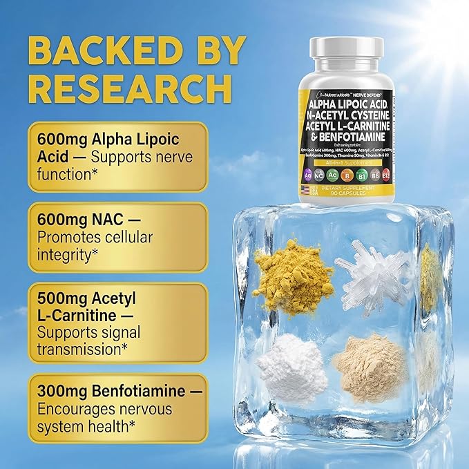Alpha Lipoic Acid 600mg N-Acetyl Cysteine 600mg Acetyl L-Carnitine 500mg Benfotiamine 300mg - Nerve Support Supplement for Women and Men with Vitamin B1 B6 &amp B12 - Made in USA 90 Caps