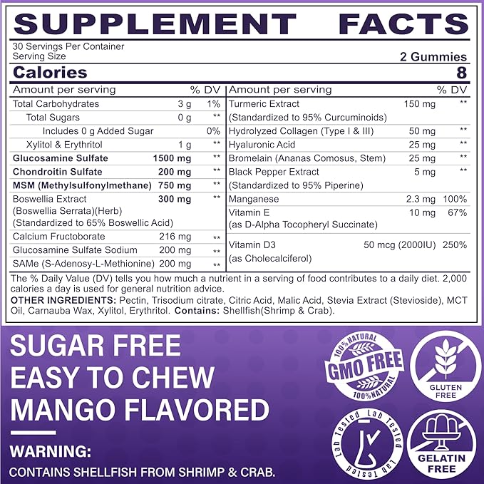 Glucosamine Chondroitin Gummies Sugar Free Glucosamine Chondroitin MSM Supplement Extra Strength with Boswellia Turmeric Hydrolyzed Collagen &amp Hyaluronic Acid Bone Health for Men &amp Women