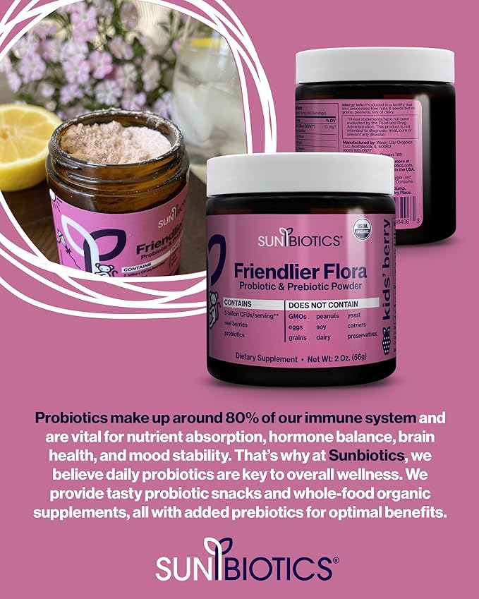 SUNBIOTICS Friendlier Flora - Kids Prebiotic and Probiotic Powder Supplement with 5 Billion CFUs of 5 Probiotic Strains for Good Gut Flora Immune System &amp Balanced Microbiome - Berry 2 Ounce