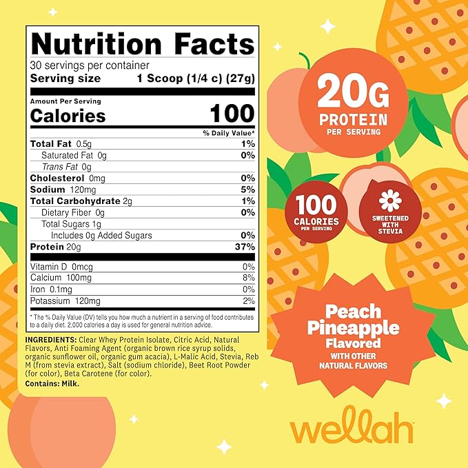 Wellah Clear Whey Protein Isolate Powder (Peach Pineapple) 30 Servings - 20g of Protein 100 Calories Sweetened with Stevia