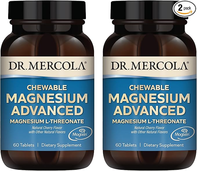 Dr. Mercola Magnesium Chewable Advanced 30 Servings (60 Tablets) Dietary Supplement Magnesium L-Threonate Cherry Flavor Non-GMO - 2 Pack