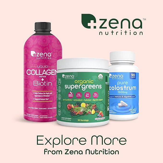 Zena Nutrition Liquid Collagen for Women &amp Men (Type 1 &amp 3) &amp 5000mcg Biotin 2500mg Verisol Bioactive Collagen Peptides Hair Skin Nail Supplement Mixed Berry Colageno 60 Servings 20