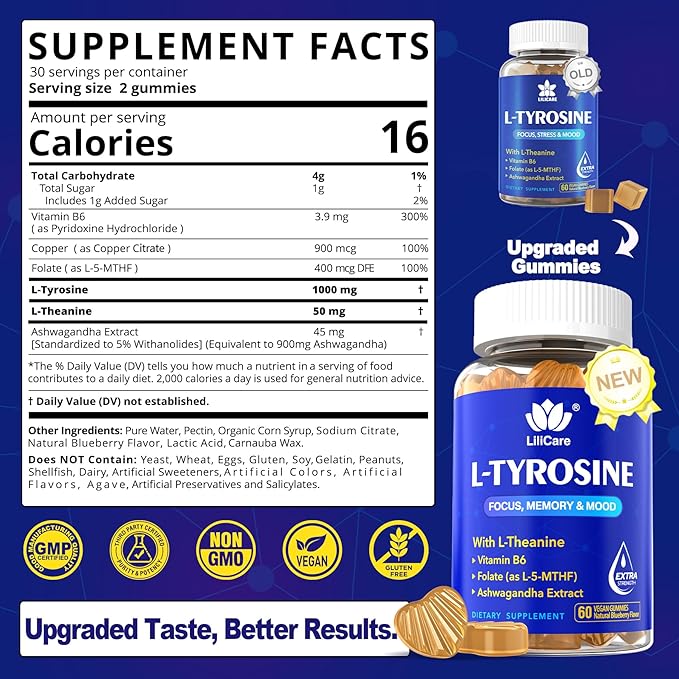 L Tyrosine Focus Supplement Gummies 1100mg for Adults Brain Supplements for Memory and Focus L-Tyrosine Gummies with Ashwagandha I-Theanine for Calm &amp Mood - Vitamin B6 &amp B9 for Energy-Vega