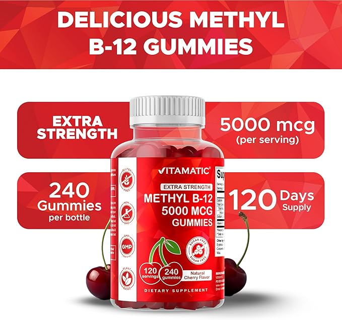 Vitamatic Extra Strength Vitamin B12 5000 mcg (Methyl B12) Gummies - 240 Count Natural Cherry Flavored