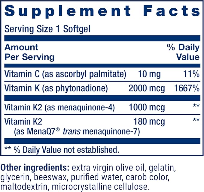 Life Extension Super K Vitamin K Supplement 2000 Mcg Vitamin K and 1180 Mcg Vitamin K2 Heart Health Once-Daily 90 Softgels