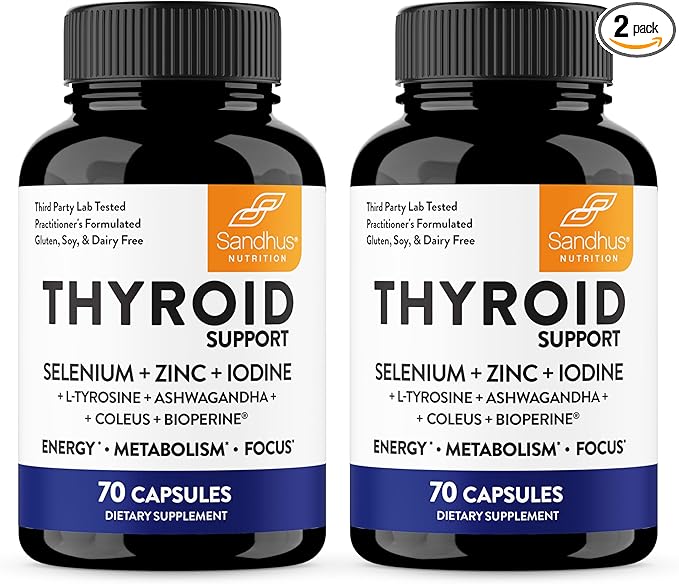 Sandhu's Thyroid Support with Selenium Zinc Iodine L Tyrosine Ashwagandha | Pure Health Supplement for Women &amp Men |70 Count (Pack of 2) 70 Days Supply