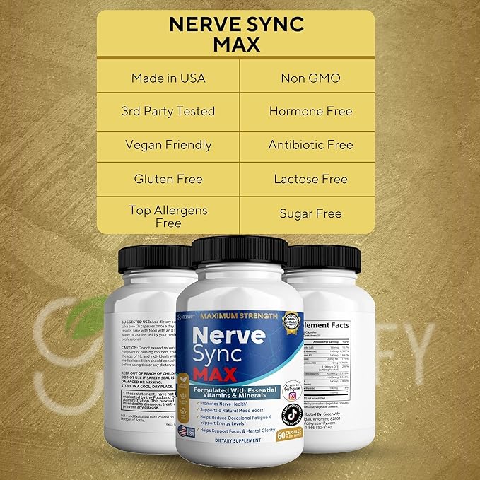 Nerve Sync MAX Supplement 60 Capsules Vegan Friendly with Essential Vitamins &amp Minerals for Nerve Health. (3)