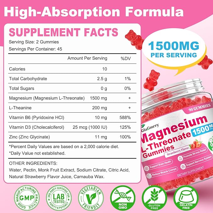 180 Count Magnesium L-Threonate Gummies 1500mg High Absorption Magnesium Threonate Supplement for Adults &amp Kids Support Brain Health Memory Focus Restful zzZ &amp Muscle Sugar Free Vegan