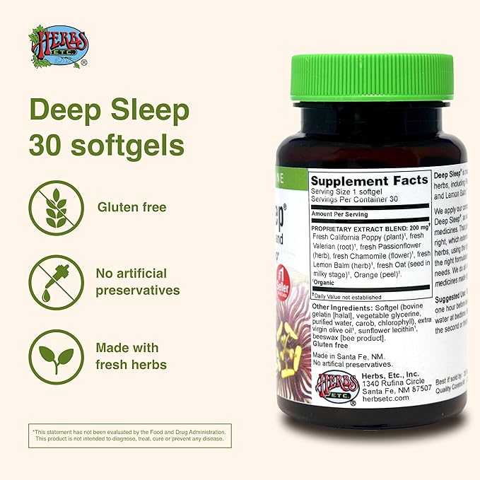 Herbs Etc. Deep Sleep Softgels - Herbal Sleep Support Supplement - Rest &amp Calming Support with Passionflower Chamomile &amp Lemon Balm - 30 Softgels (30 Servings)