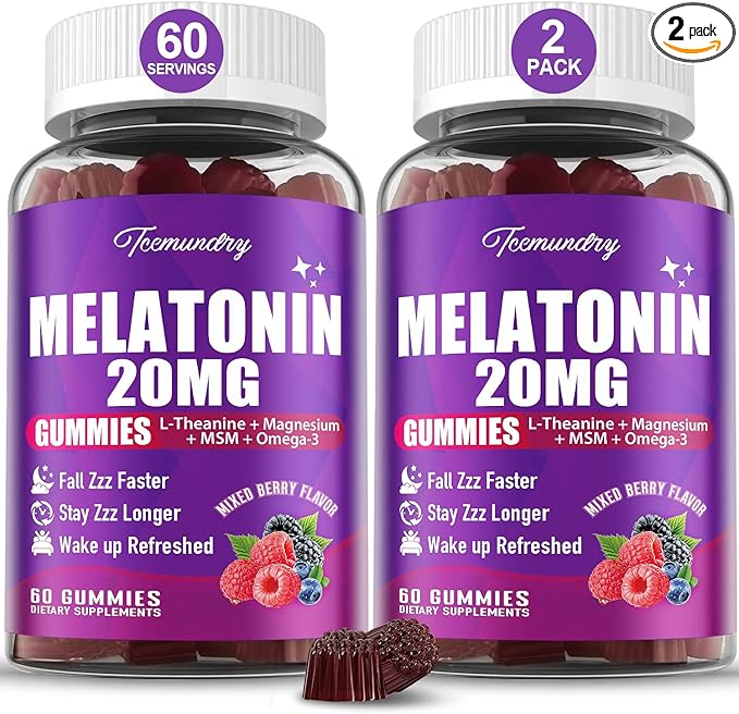 Melatonin Gummies 20mg for Adults - Maximum Strength Melatonin Gummies with L-Theanine Magnesium Omega-3 MSM D3 &amp Zinc - Non-Habit Forming Vegan Non GMO Natural Mixed Berry Flavor
