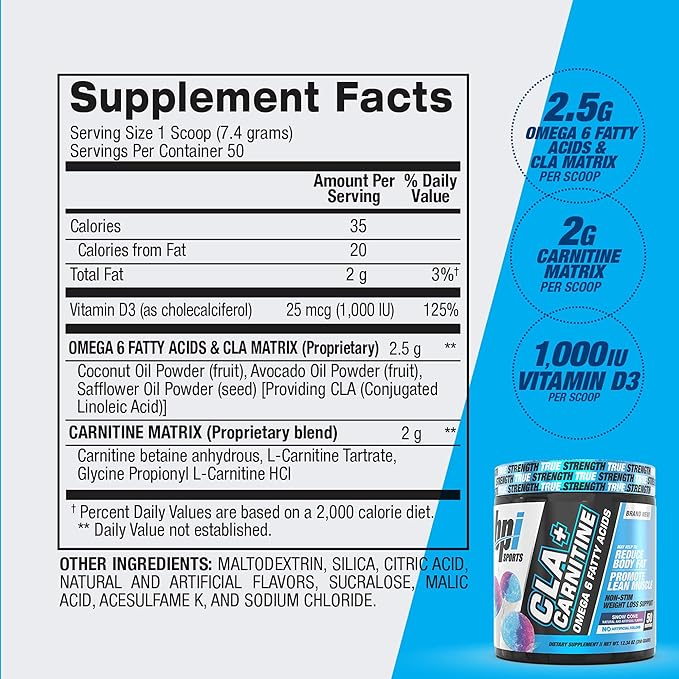BPI Sports CLA+Carnitine – CLA L Carnitine &amp Linoleic Acid – L Carnitine Supplement for Weight Loss Metabolism &amp Lean Muscle – Caffeine Free – Snow Cone – 50 Servings – 12.34 oz