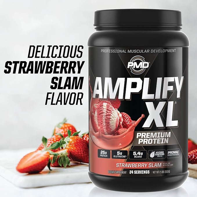 PMD Sports Amplify XL Premium Whey Protein Supplement Hydro Greens Blend - Glutamine and Whey Protein Matrix with Superfood for Muscle Strength and Recovery - Strawberry Slam (24 Servings)