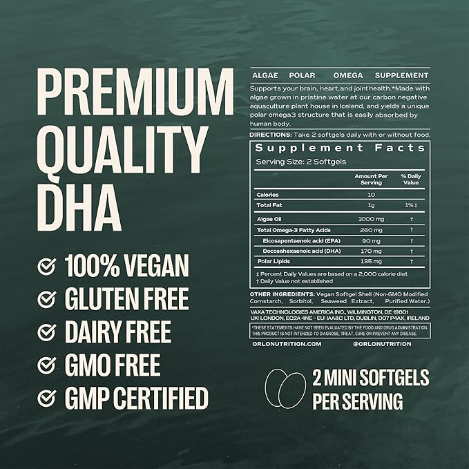 Orlo DHA Supplement 1000mg - 3X Absorption Natural Icelandic Nordic Omega 3 DHA &amp EPA for Brain &amp Eye Support – Vegan Fish Oil Alternative No Fishy Aftertaste 120 Easy-to-Swallow Mini Softge